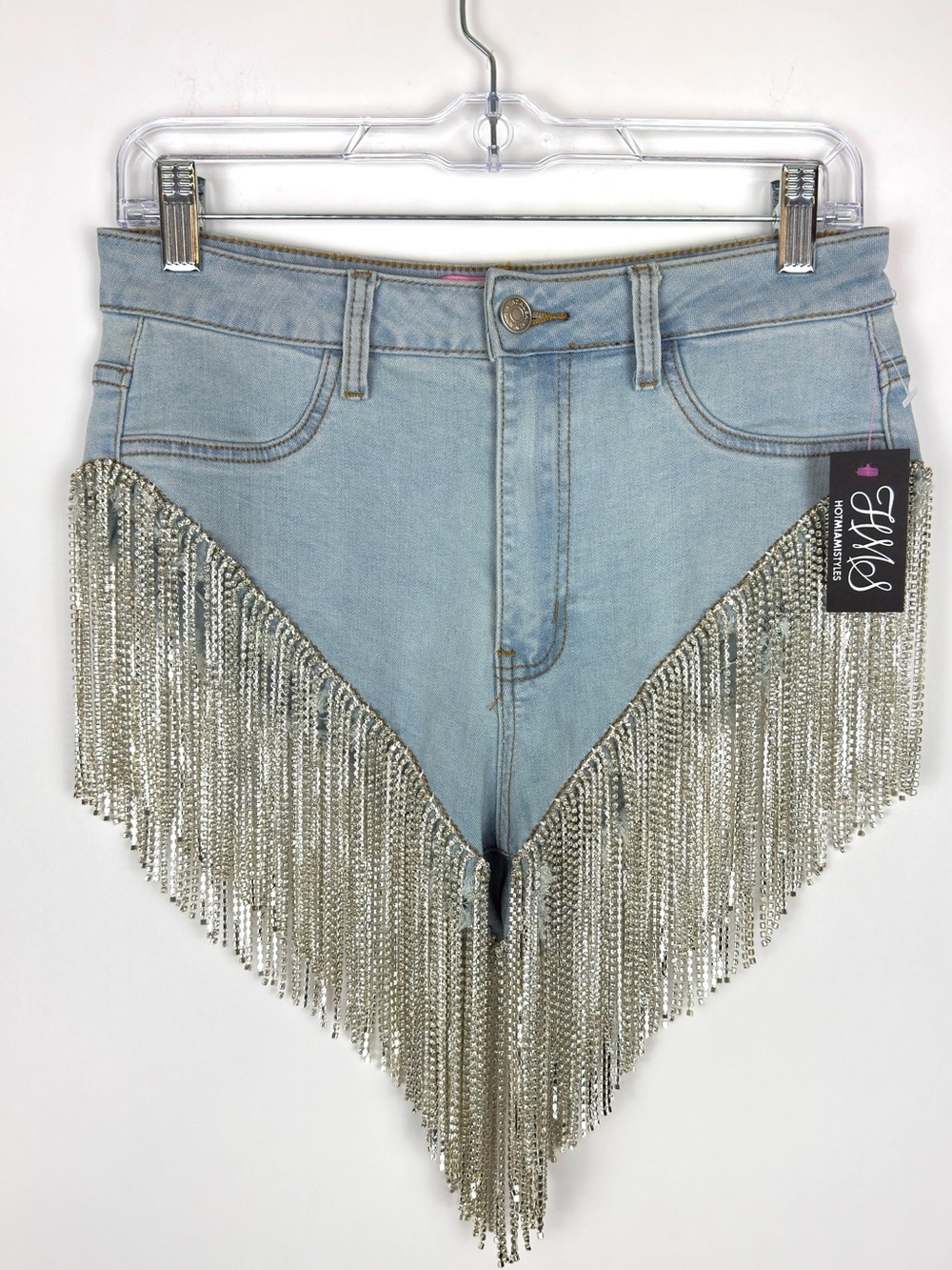 Azalea Wang Gonna Love Me Waterfall Rhinestone Denim Shorts Festival Boho Large - Picture 9 of 16
